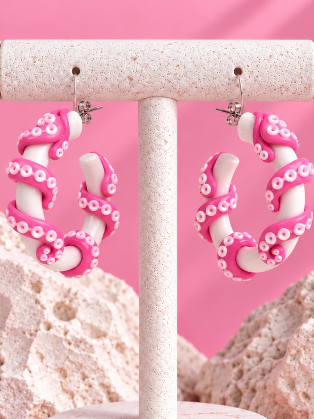 Tangled Tentacles — Handmade Hoop Earrings — White and Pink